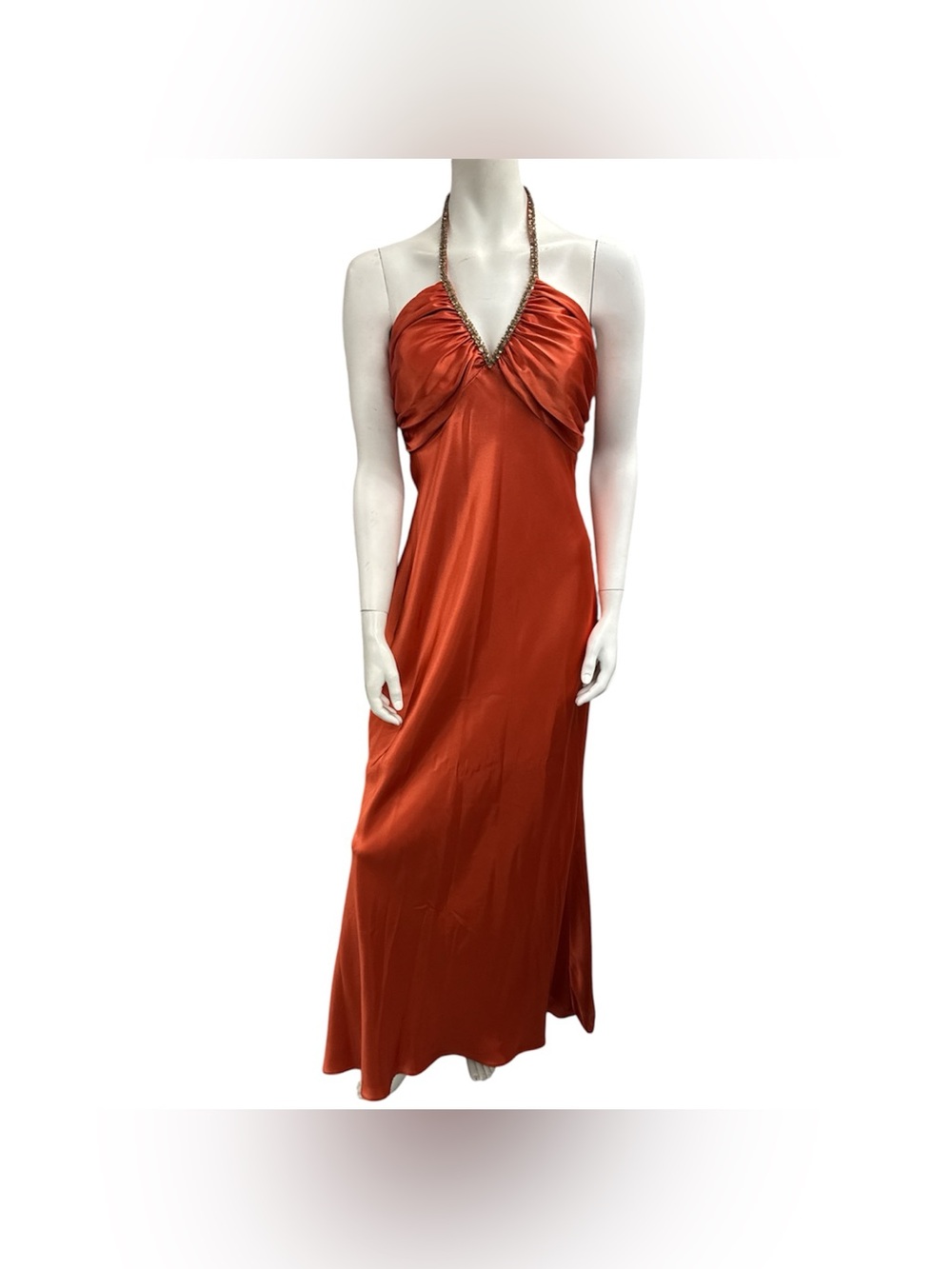 Morgan & Co. Braided Halter Satin Maxi Dress in Rust Orange Size L